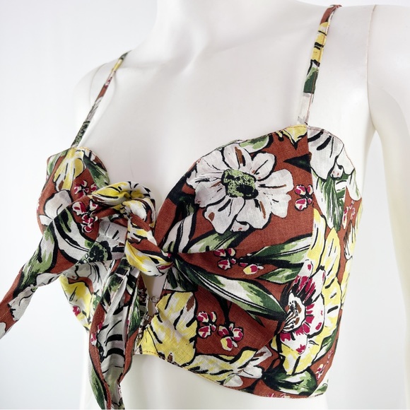 FAITHFULL The Brand Women's Brown Floral Front Knot Crop Top 100% Linen Size 4 - Picture 3 of 10